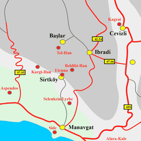 Anfahrtskarte der Karawanserei Beldibi-Han in Pisidien