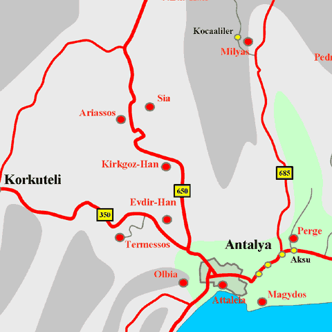 Anfahrtskarte der Karawanserei Kirkgöz-Han in Pisidien