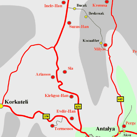Anfahrtskarte der Karawanserei Suzus-Han in Pisidien