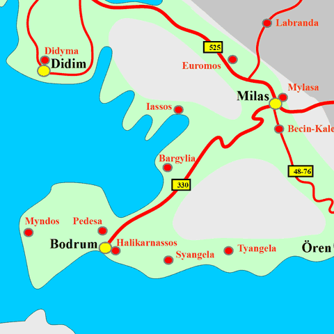 Anfahrtskarte von Bargylia in Karien