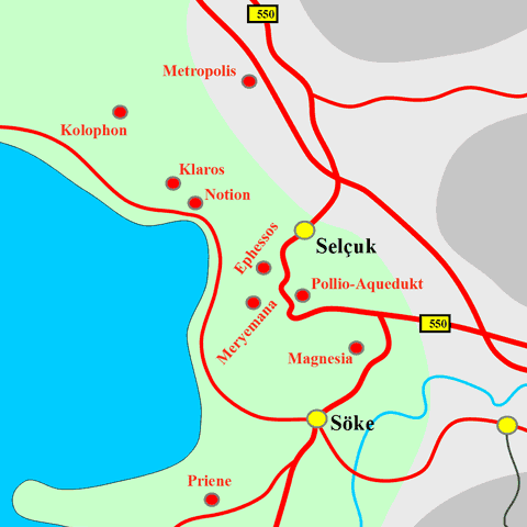 Anfahrtskarte von Ephesos in Karien