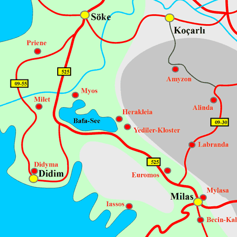 Anfahrtskarte von Herakleia Latmos in Karien