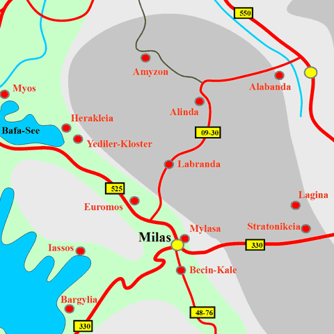 Anfahrtskarte von Labranda in Karien