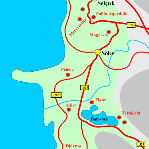 Anfahrtskarte von Priene in Karien