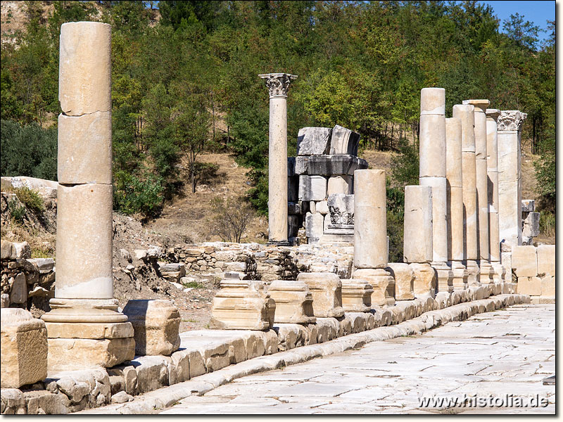 Stratonikeia in Karien - Säulenreihe der Stoa an der Hauptstaße, im Hintergrund das nördliche Stadttor
