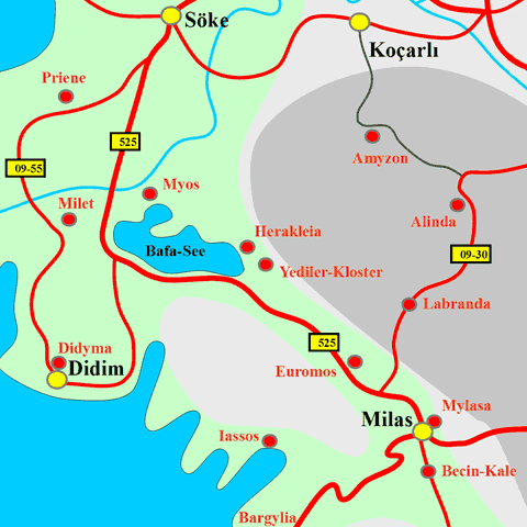 Anfahrtskarte des Yediler-Klosters in Karien