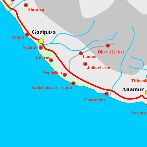 Anfahrtskarte von Antiochia ad Cragum in Kilikien