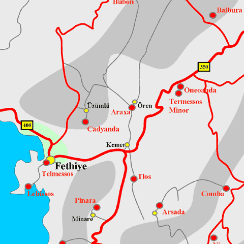 Anfahrtskarte von Araxa in Lykien