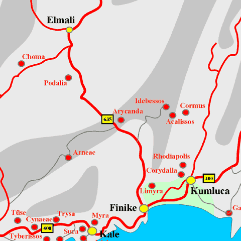 Anfahrtskarte von Arykanda in Lykien