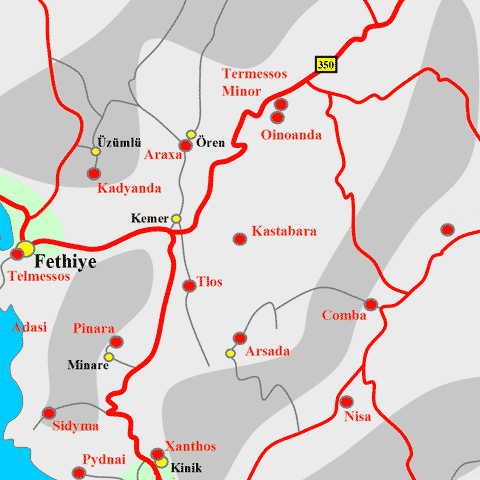 Anfahrtskarte von Kastabara in Lykien