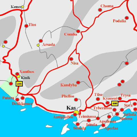 Anfahrtskarte von Nisa in Lykien