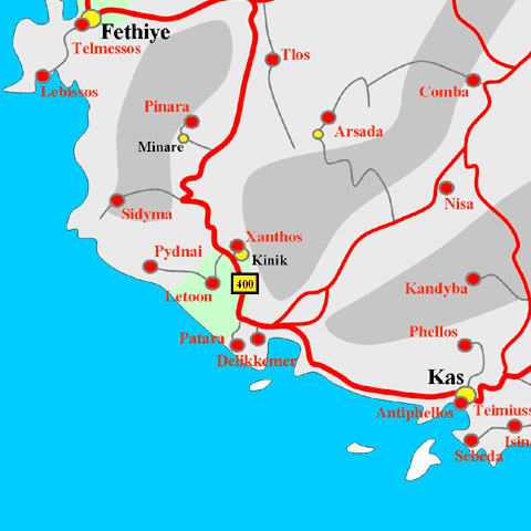 Anfahrtskarte von Patara-Delikkemer in Lykien