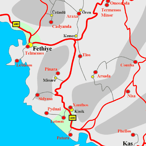 Anfahrtskarte von Pinara in Lykien