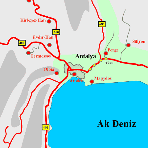 Anfahrtskarte von Attaleia in Pamphylien