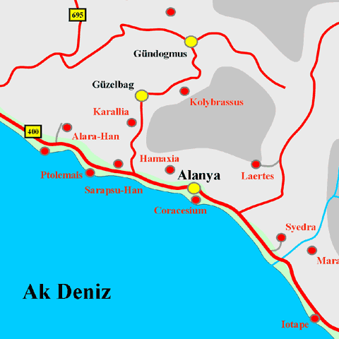 Anfahrtskarte von Hamaxia in Pamphylien