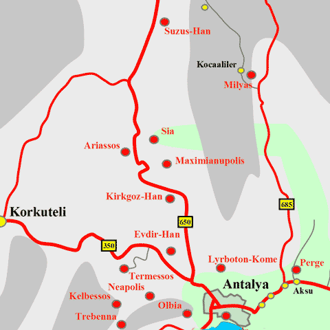 Anfahrtskarte von Maximianupolis in Pisidien